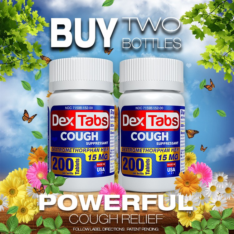 2 PACK DexTabs Cough suppressant, 200 Tablets, 15 mg of Dextromethorphan HBr