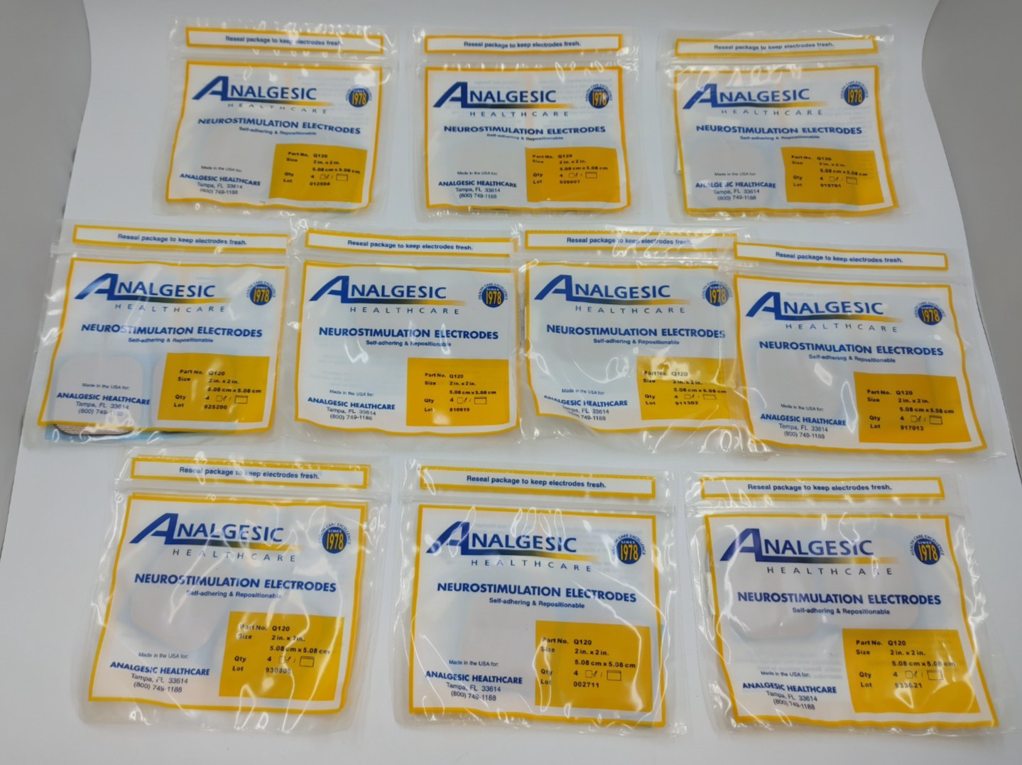 Neurostimulation Electrode Pads 2" X 2" Analgesic Healthcare 10 Packs Of 4 #Q120